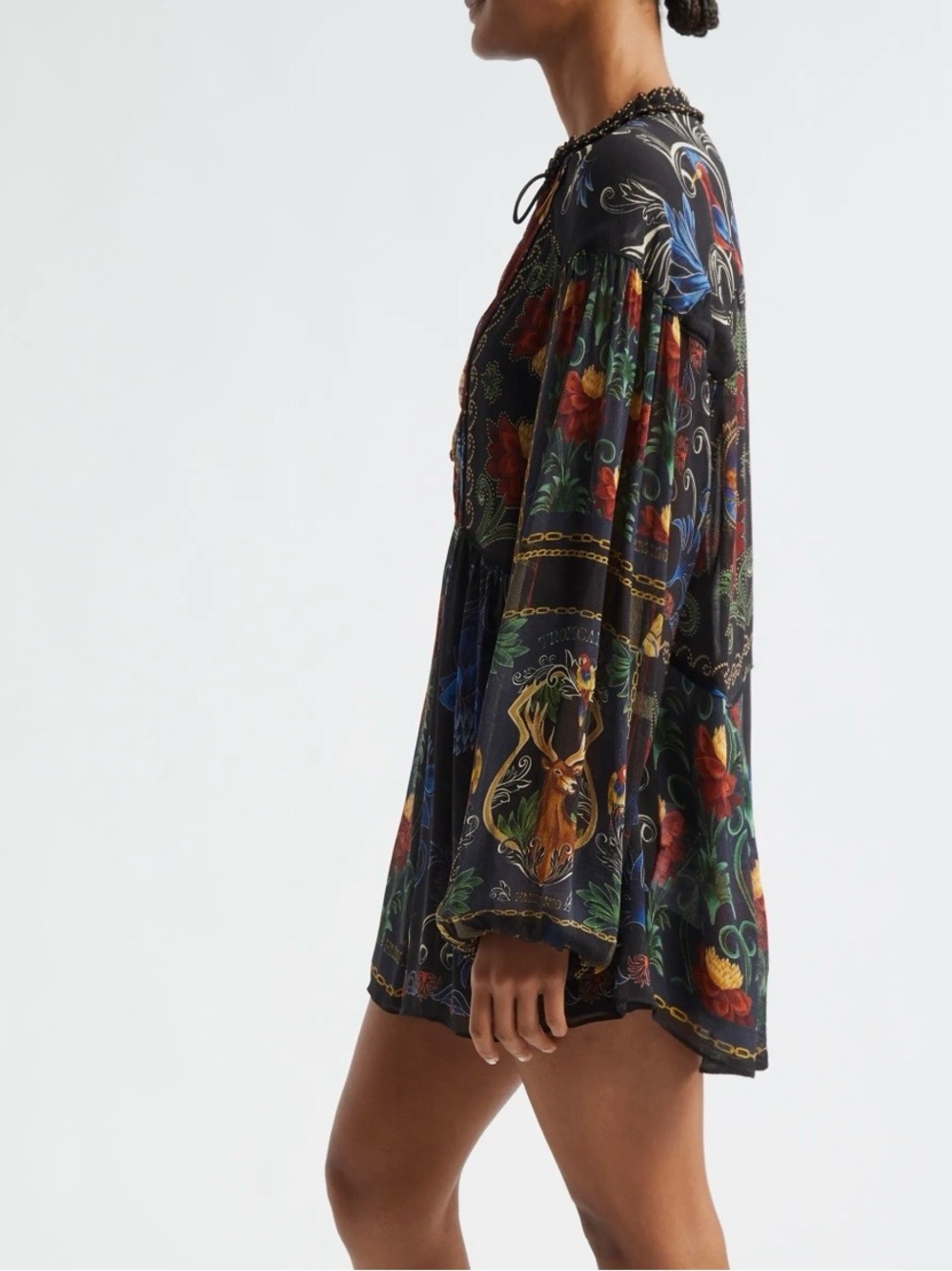 FARM Rio Mixed Arabesque Scarves Mini Dress M Floral Lace Up Long Sleeve - Picture 11 of 12